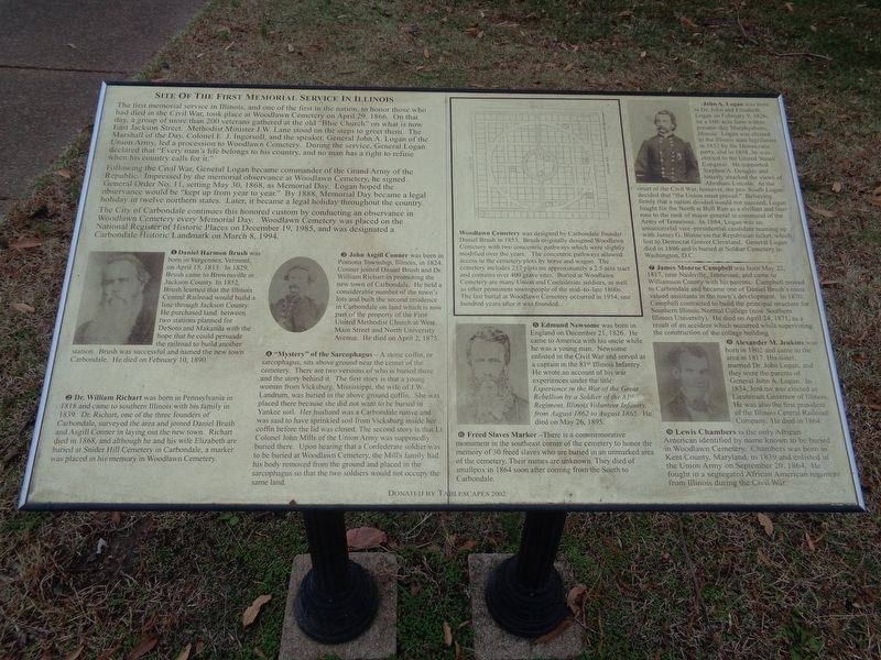Site of the First Memorial Service in Illinois Marker. Click for full size. Site of the First Memorial Service in Illinois Marker image. Click for full size.