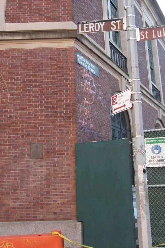 Marianne Moore plaque on the NYPL Hudson Park branch image. Click for full size.
