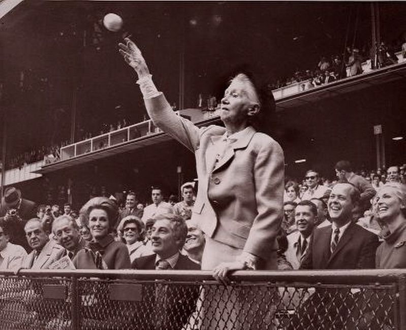 Marianne Moore throwing out the first pitch of the season at Yankee Stadium, 1968 image. Click for full size.