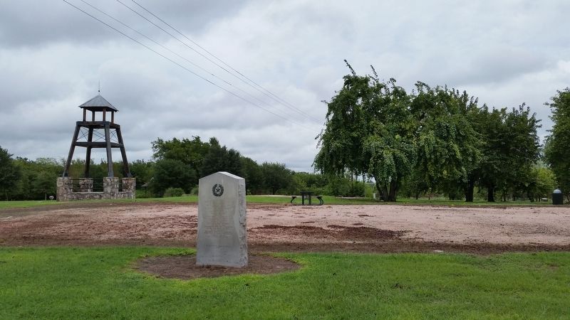 The foundation of Tryon Hall with a Texas Historical marker. image. Click for full size.