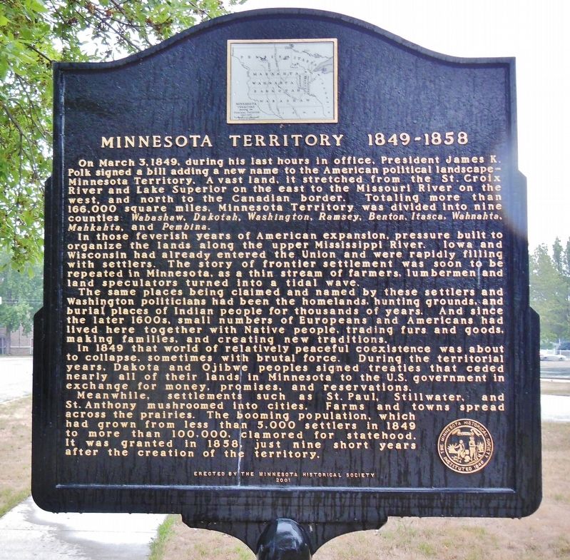 Minnesota Territory 1849-1858 (<i>marker side 1</i>) image. Click for full size.