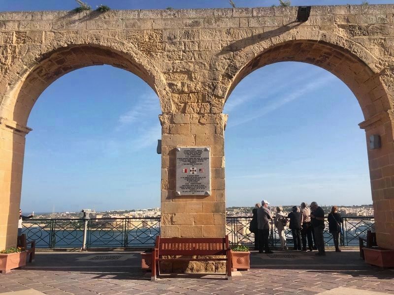 The marker is on this archway of Upper Barrakka Gardens overlooking the Grand Harbour image. Click for full size.