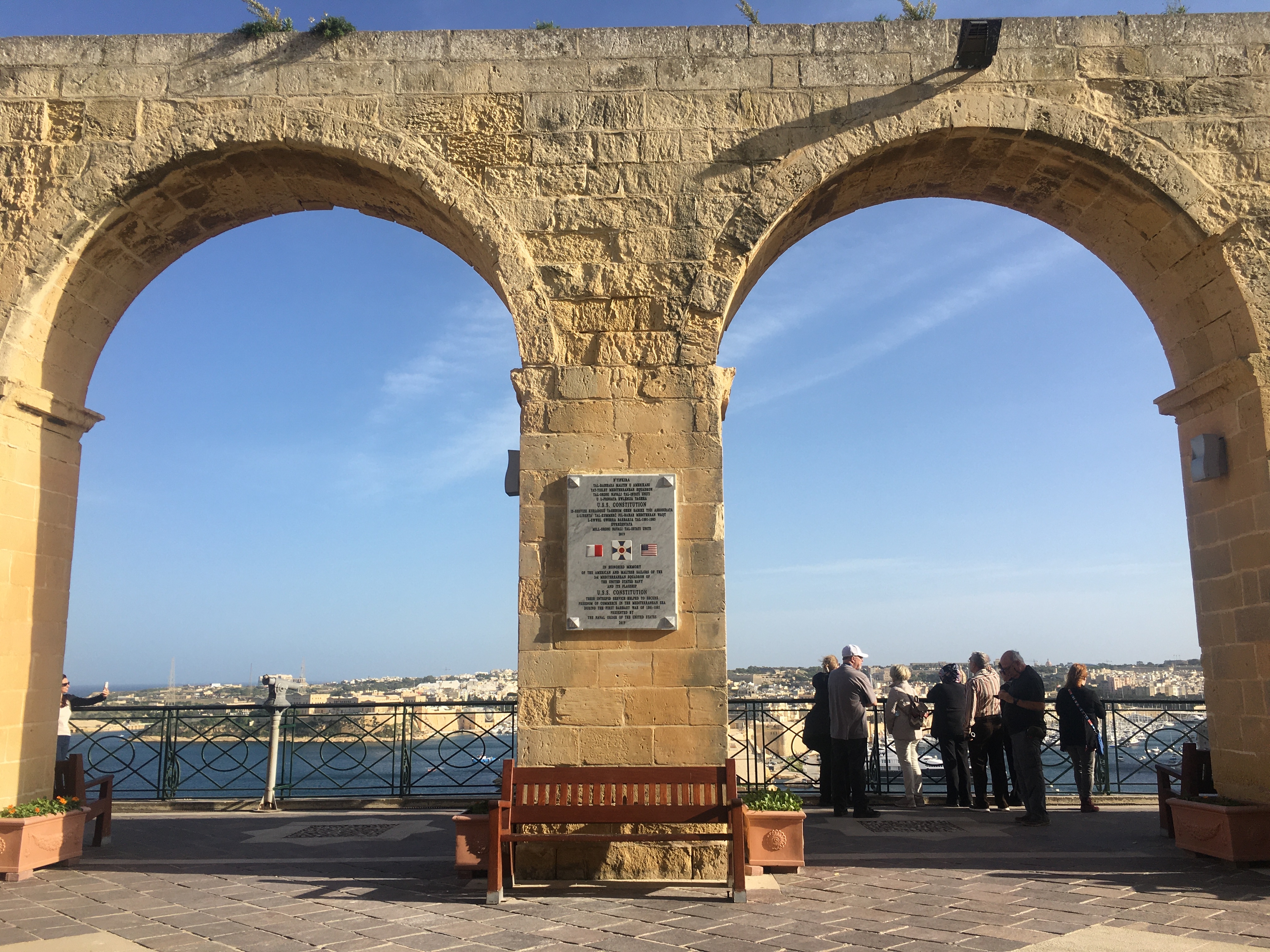 The marker is on this archway of Upper Barrakka Gardens overlooking the Grand Harbour