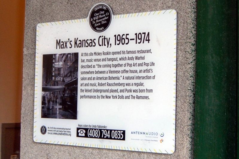 Maxs Kansas City, 1965-1974 Marker image. Click for full size.