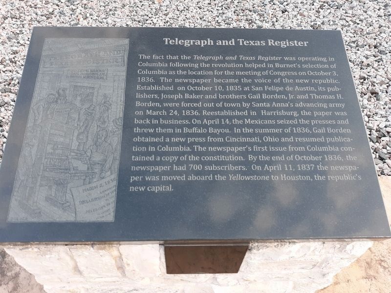 Telegraph and Texas Register Marker. Click for full size. Telegraph and Texas Register Marker image. Click for full size.