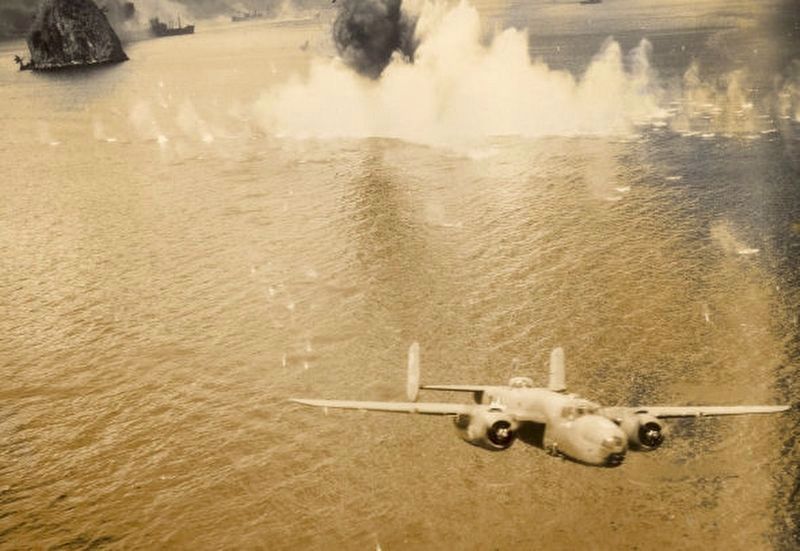 13th Bomb Squadron B-25 Mitchell flying out of Rabaul Harbour on 2 November 1943. Click for full size. 13th Bomb Squadron B-25 Mitchell flying out of Rabaul Harbour on 2 November 1943 image. Click for full size.