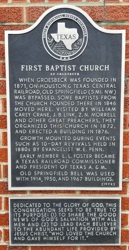 First Baptist Church of Groesbeck Marker image. Click for full size.