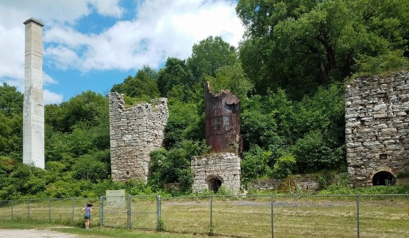 Lime Kiln Ruins with marker just inside fence image. Click for full size.