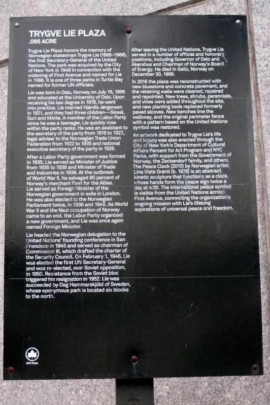 Trygve Lie Plaza marker. Click for full size. Trygve Lie Plaza marker image. Click for full size.