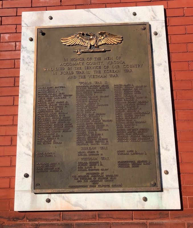 Accomack County Virginia World War II, Korea & Vietnam Marker. Click for full size. Accomack County Virginia World War II, Korea & Vietnam Marker image. Click for full size.