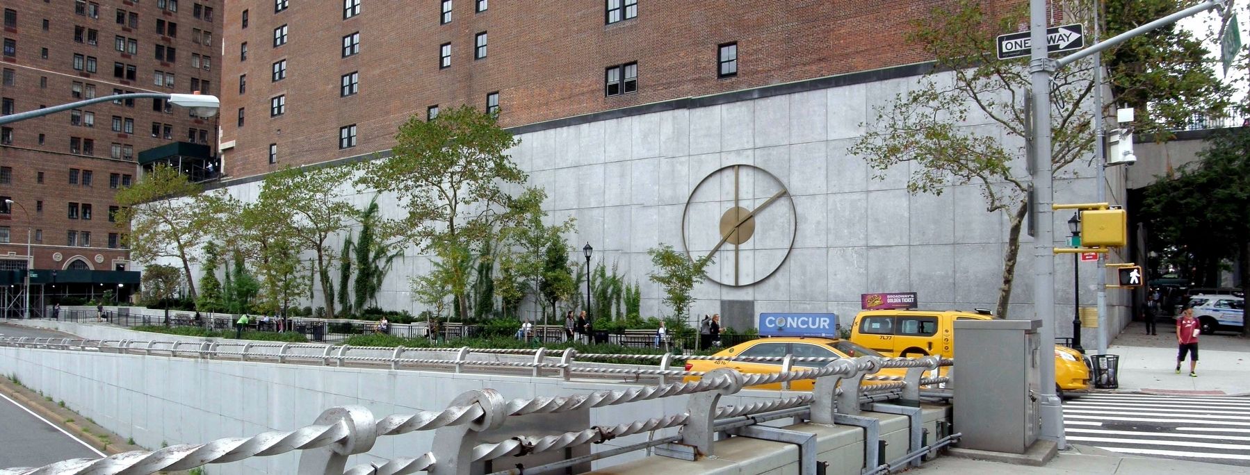 Trygve Lie Plaza and the Peace Clock image. Click for full size.