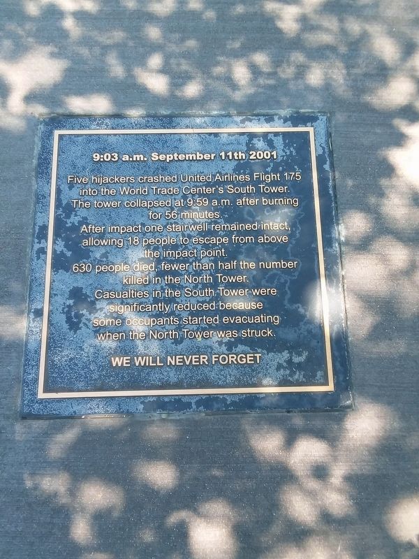 9:03 a.m. September 11th 2001 Marker. Click for full size. 9:03 a.m. September 11th 2001 Marker image. Click for full size.