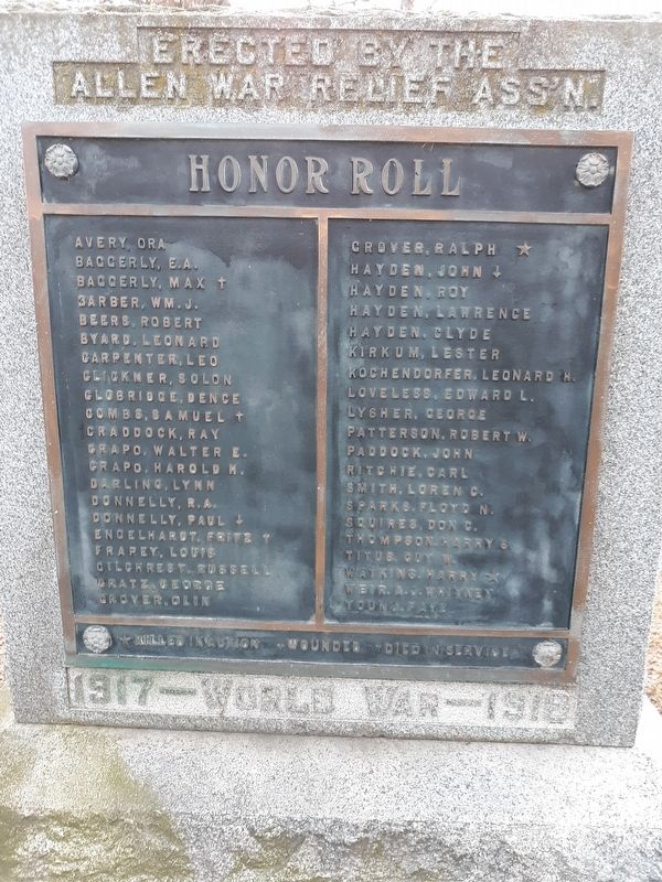 Allen World War Honor Roll Marker. Click for full size. Allen World War Honor Roll Marker image. Click for full size.