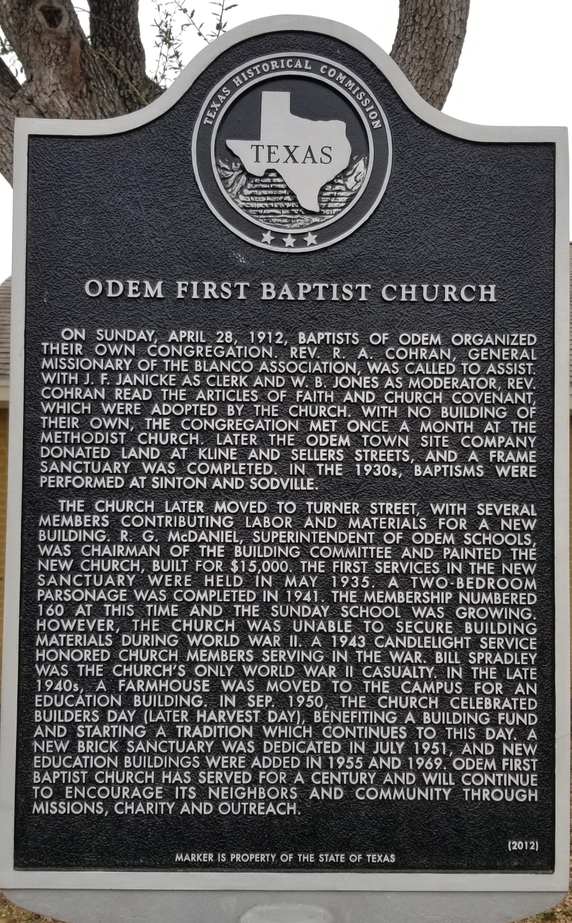 Odem First Baptist Church Marker