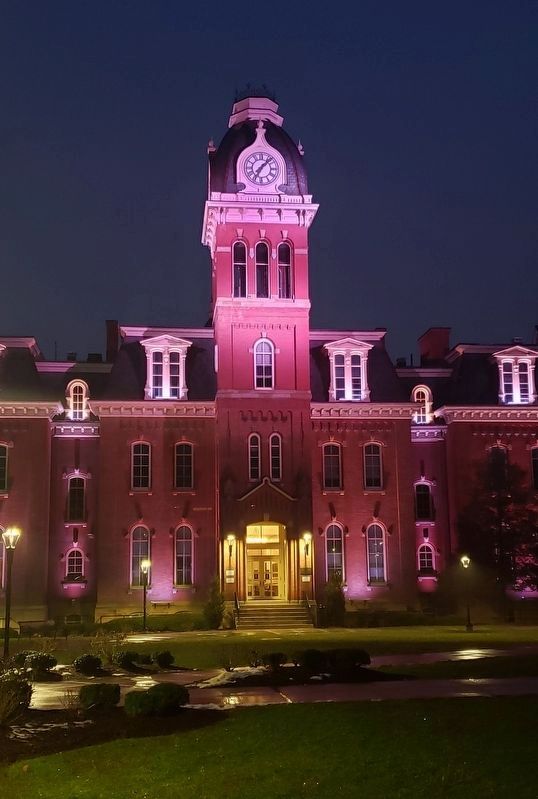 Woodburn Hall at night lit up in pink image. Click for full size.