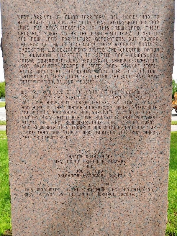 In Memory of the Early Choctaw Settlers Marker (<i>back side</i>) image. Click for full size.