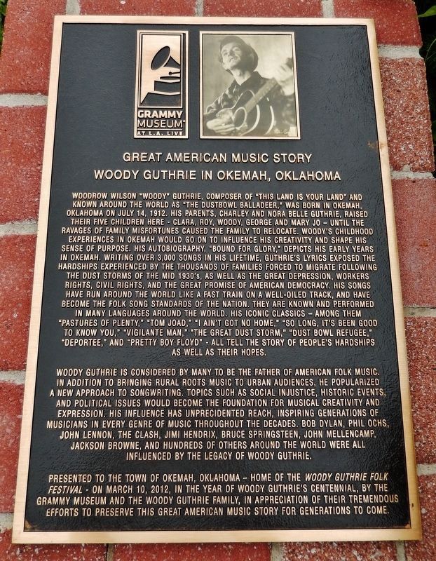 Woody Guthrie in Okemah, Oklahoma Marker image. Click for full size.