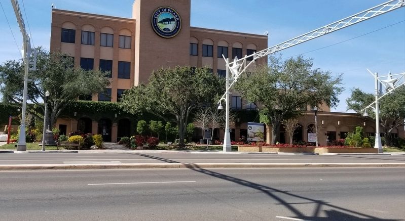 A view of the City of Pharr building and Marker from the road image. Click for full size.