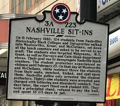 Nashville Sit-ins Marker (Side A). Click for full size. Nashville Sit-ins Marker (Side A) image. Click for full size.