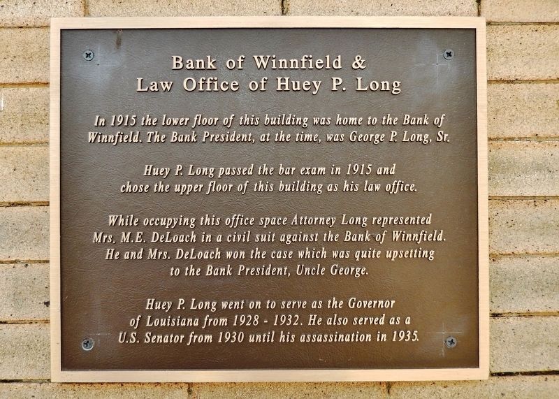 Bank of Winnfield & Law Office of Huey P. Long Marker image. Click for full size.