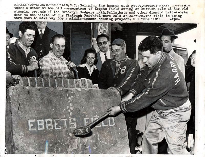 Taking a Sledge Hammer to Ebbets Field Cornerstone. Click for full size. Taking a Sledge Hammer to Ebbets Field Cornerstone image. Click for full size.