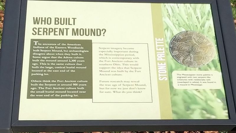 Who Built Serpent Mound? Marker. Click for full size. Who Built Serpent Mound? Marker image. Click for full size.