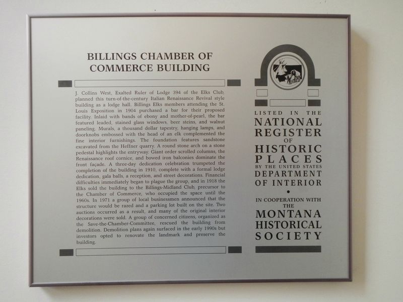 Billings Chamber of Commerce Building Marker image. Click for full size.