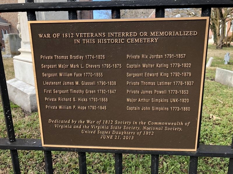War of 1812 Veterans Interred or Memorialized in this Historic Cemetery Marker image. Click for full size.