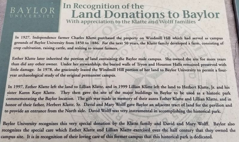 In Recognition of the Land Donations to Baylor Marker image. Click for full size.
