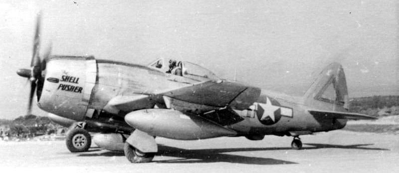 A P-47N Thunderbolt nicknamed "Shell Pusher" of the 507th Fighter Group, 20th Air Force. image. Click for full size.