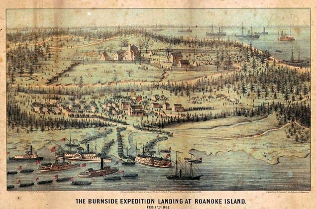 Contemporary depiction of the Union fleet landing at Roanoke Island, February 1862. image. Click for full size.