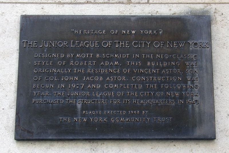 The Junior League of the City of New York Marker. Click for full size. The Junior League of the City of New York Marker image. Click for full size.