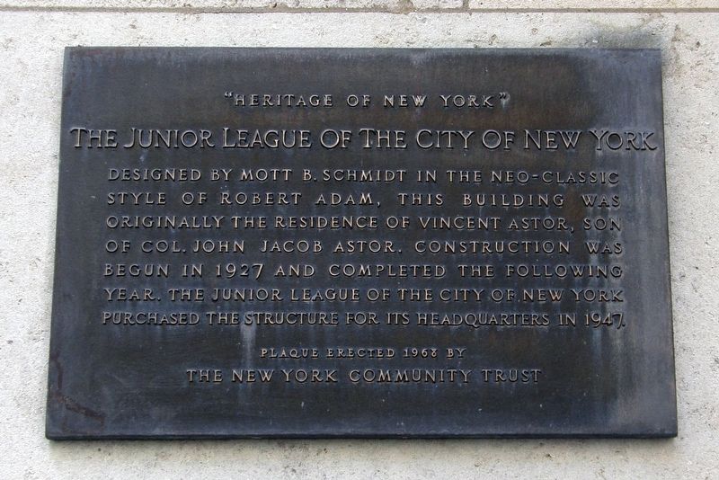 The Junior League of the City of New York Marker image. Click for full size.