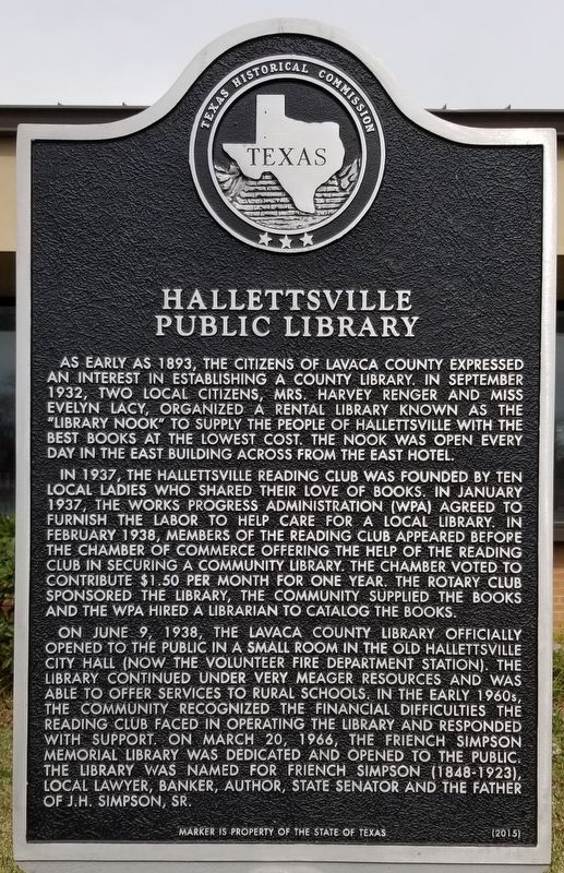 Hallettsville Public Library Marker image. Click for full size.