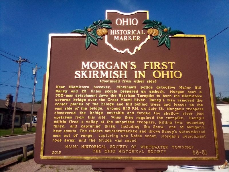 Morgan's First Skirmish in Ohio Marker Reverse image. Click for full size.
