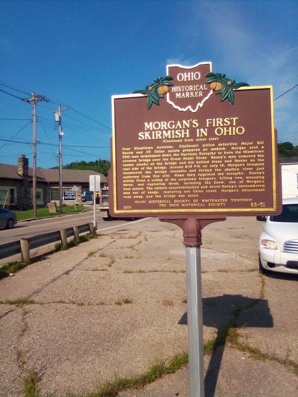 Morgan's First Skirmish in Ohio Marker Reverse image. Click for full size.
