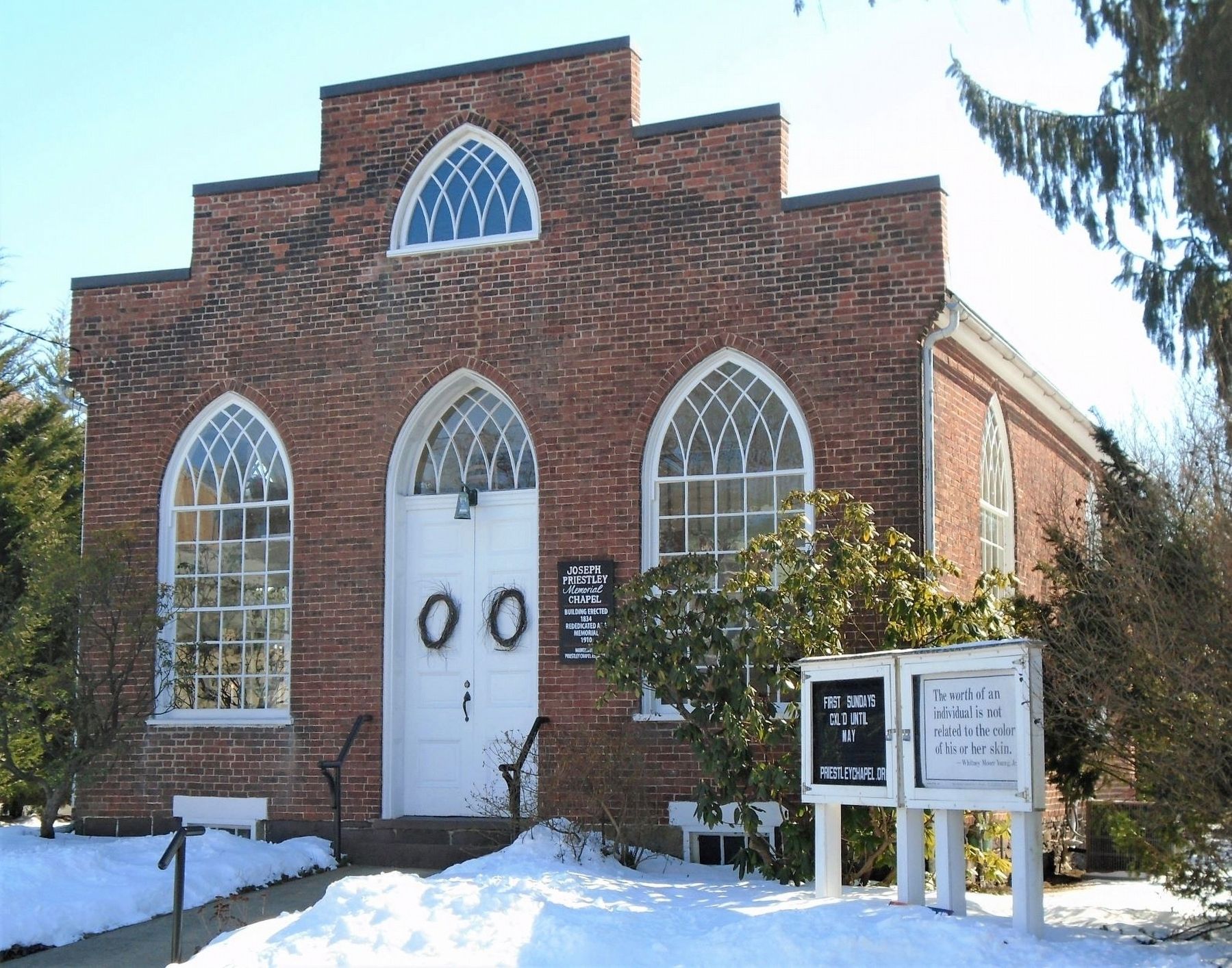 Joseph Priestley Memorial Chapel and Marker. Click for full size. Joseph Priestley Memorial Chapel and Marker image. Click for full size.
