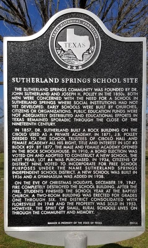 Sutherland Springs School Site Marker. Click for full size. Sutherland Springs School Site Marker image. Click for full size.