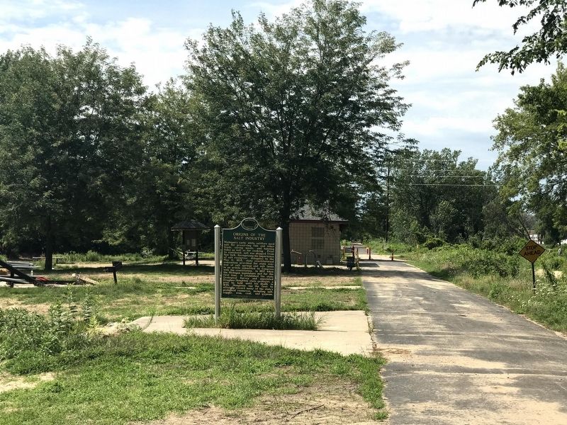 A view of the historical marker looking west on the Pere-Marquette Rail-Trail image. Click for full size.