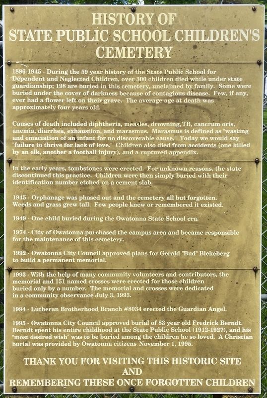 History of the State Public School Childrens Cemetery Marker image. Click for full size.