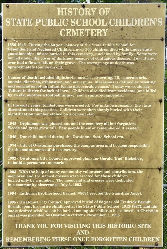 History of the State Public School Children�s Cemetery Marker image. Click for full size.