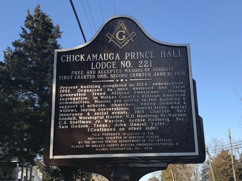 Chickamauga Prince Hall Lodge No. 221 Marker (Side A) image. Click for full size.