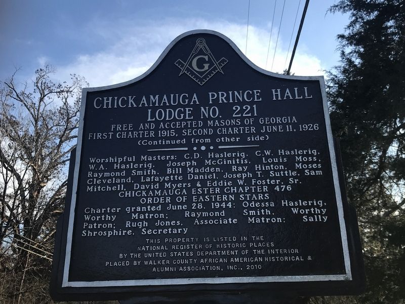 Chickamauga Prince Hall Lodge No. 221 Marker (Side B) image. Click for full size.