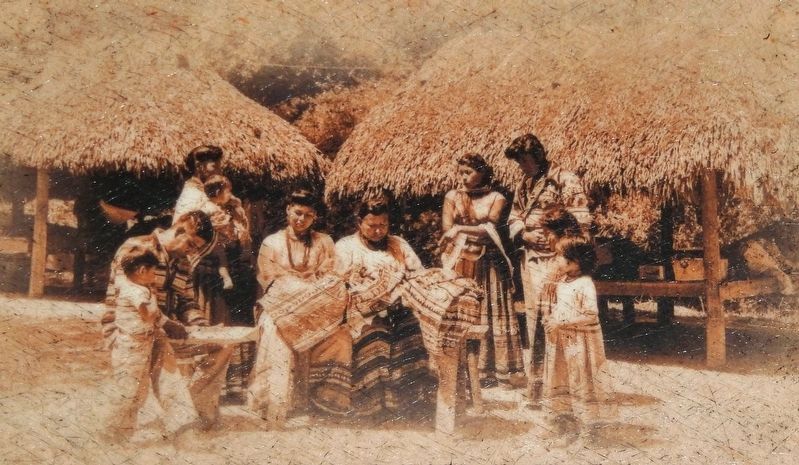 Marker detail: Seminole family gathered together by chickees — Silver Springs, Florida image. Click for full size.