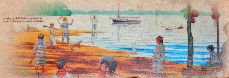 Marker detail: Local artist Bill Walter painted his vision of Bartram’s arrival in Palatka. image. Click for full size.