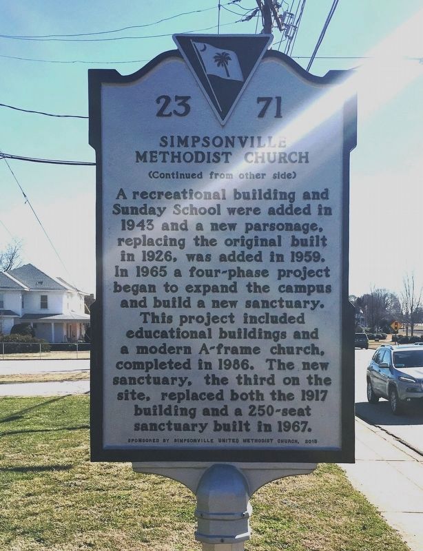 Simpsonville Methodist Church Marker (reverse) image. Click for full size.