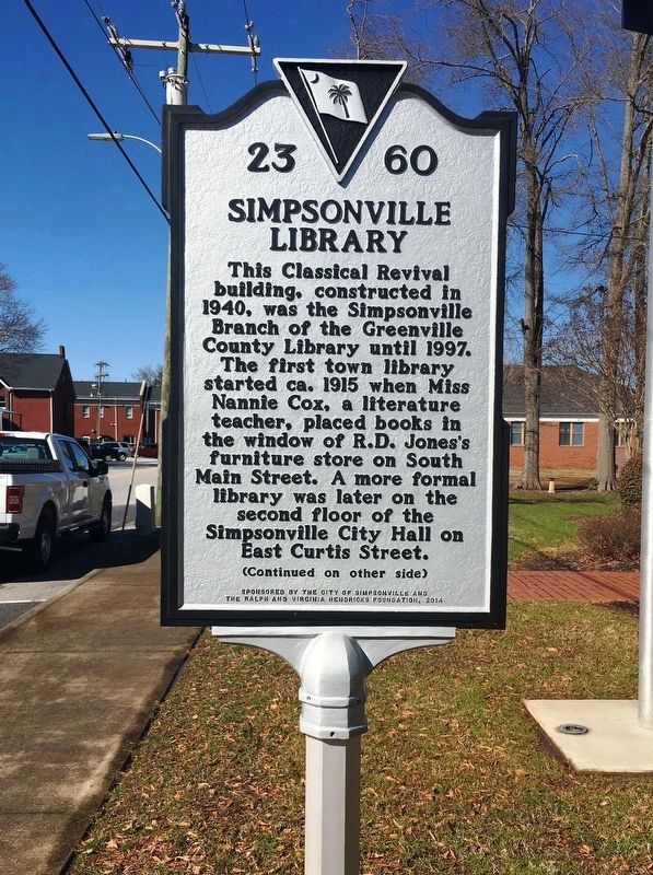Simpsonville Library Marker (front) image. Click for full size.