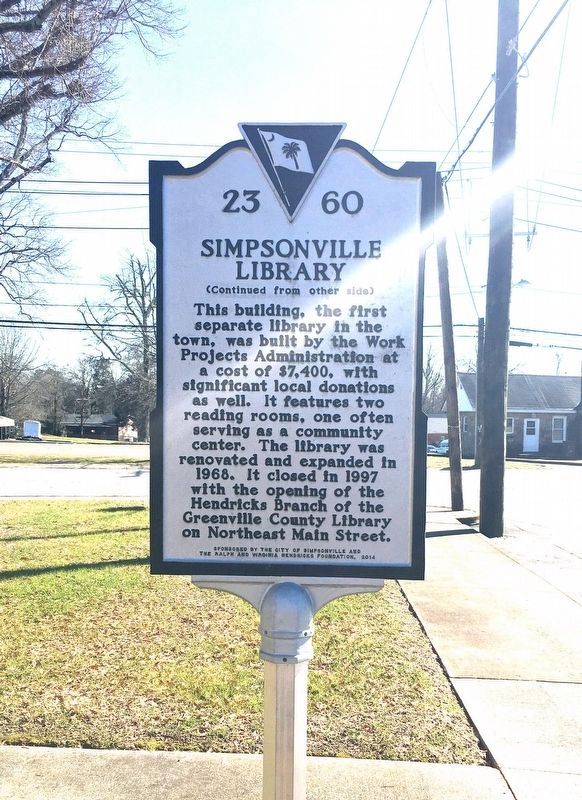 Simpsonville Library Marker (back) image. Click for full size.