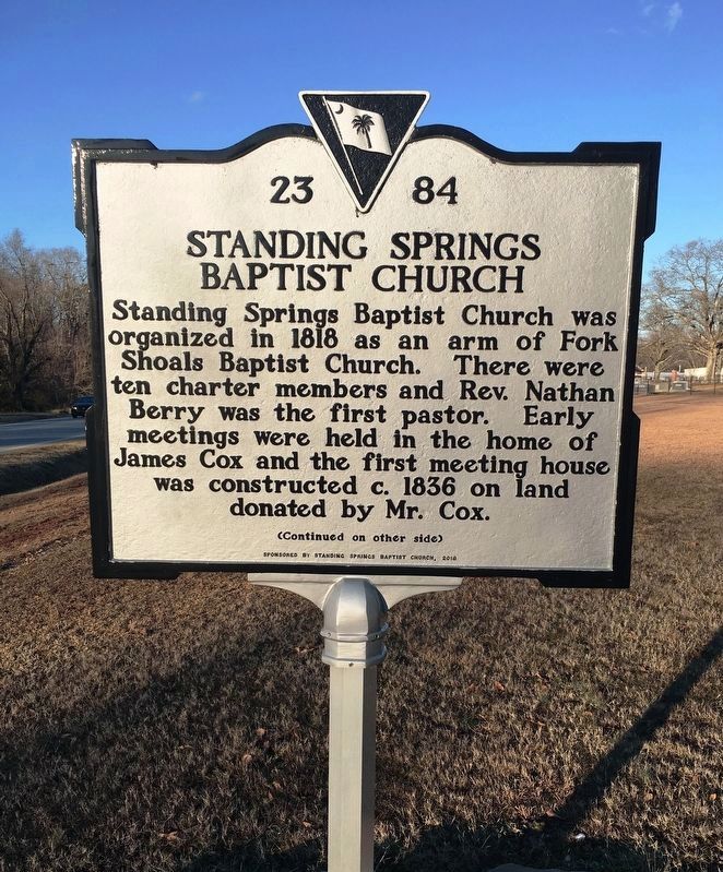 Standing Springs Baptist Church Marker (front) image. Click for full size.