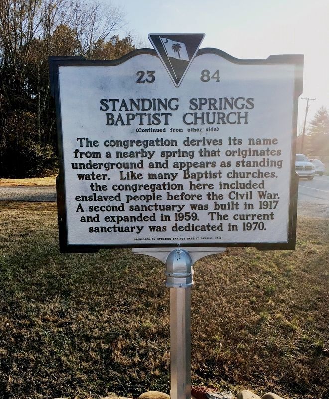 Standing Springs Baptist Church Marker (back) image. Click for full size.